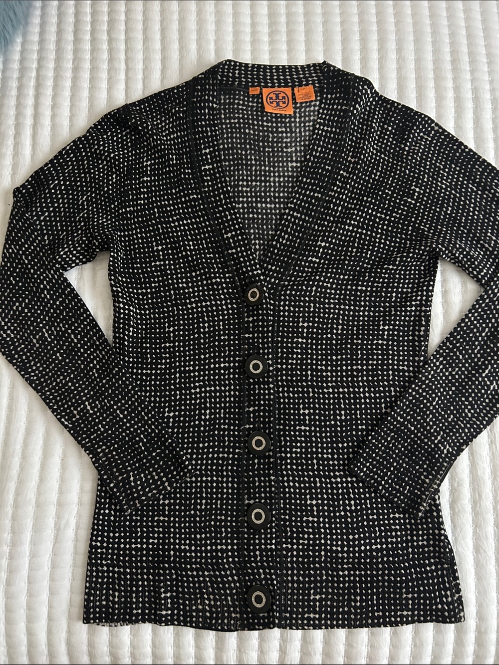 Tory Burch Black and White flecked Dotted Knit Cardigan